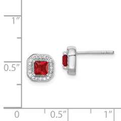 QE14470JUL Sterling Silver Rhodium Plated Square Red CZ and Clear CZ Post Earrings