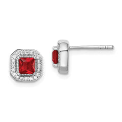 QE14470JUL Sterling Silver Rhodium Plated Square Red CZ and Clear CZ Post Earrings