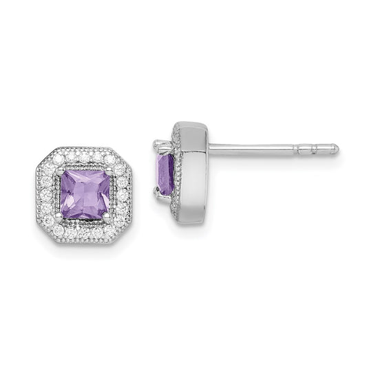 QE14470JUN Sterling Silver Rhodium Plated Square Light Purple and Clear CZ Post Earrings