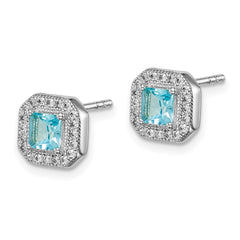 QE14470MAR Sterling Silver Rhodium Plated Square Light Blue and Clear CZ Post Earrings