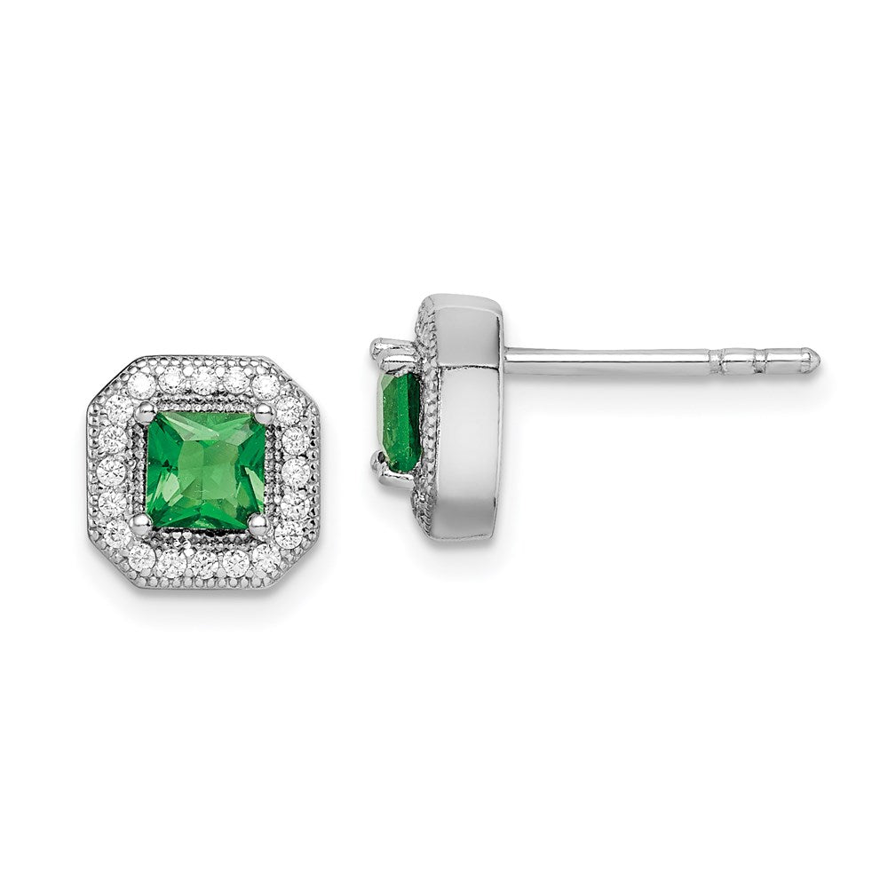 QE14470MAY Sterling Silver Rhodium Plated Square Green and Clear CZ Post Earrings