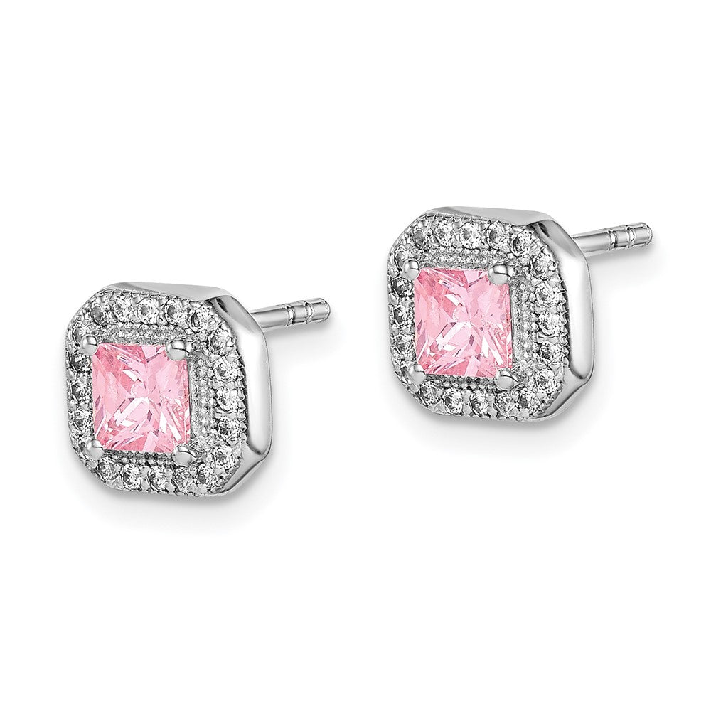 QE14470OCT Sterling Silver Rhodium Plated Square Pink CZ and Clear CZ Post Earrings