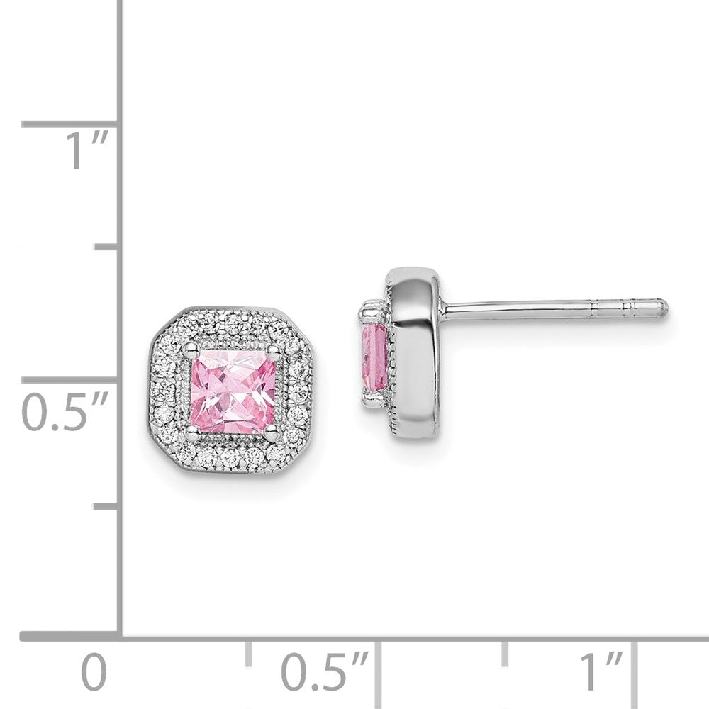 QE14470OCT Sterling Silver Rhodium Plated Square Pink CZ and Clear CZ Post Earrings