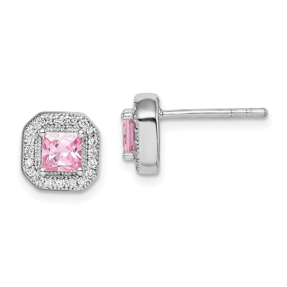 QE14470OCT Sterling Silver Rhodium Plated Square Pink CZ and Clear CZ Post Earrings