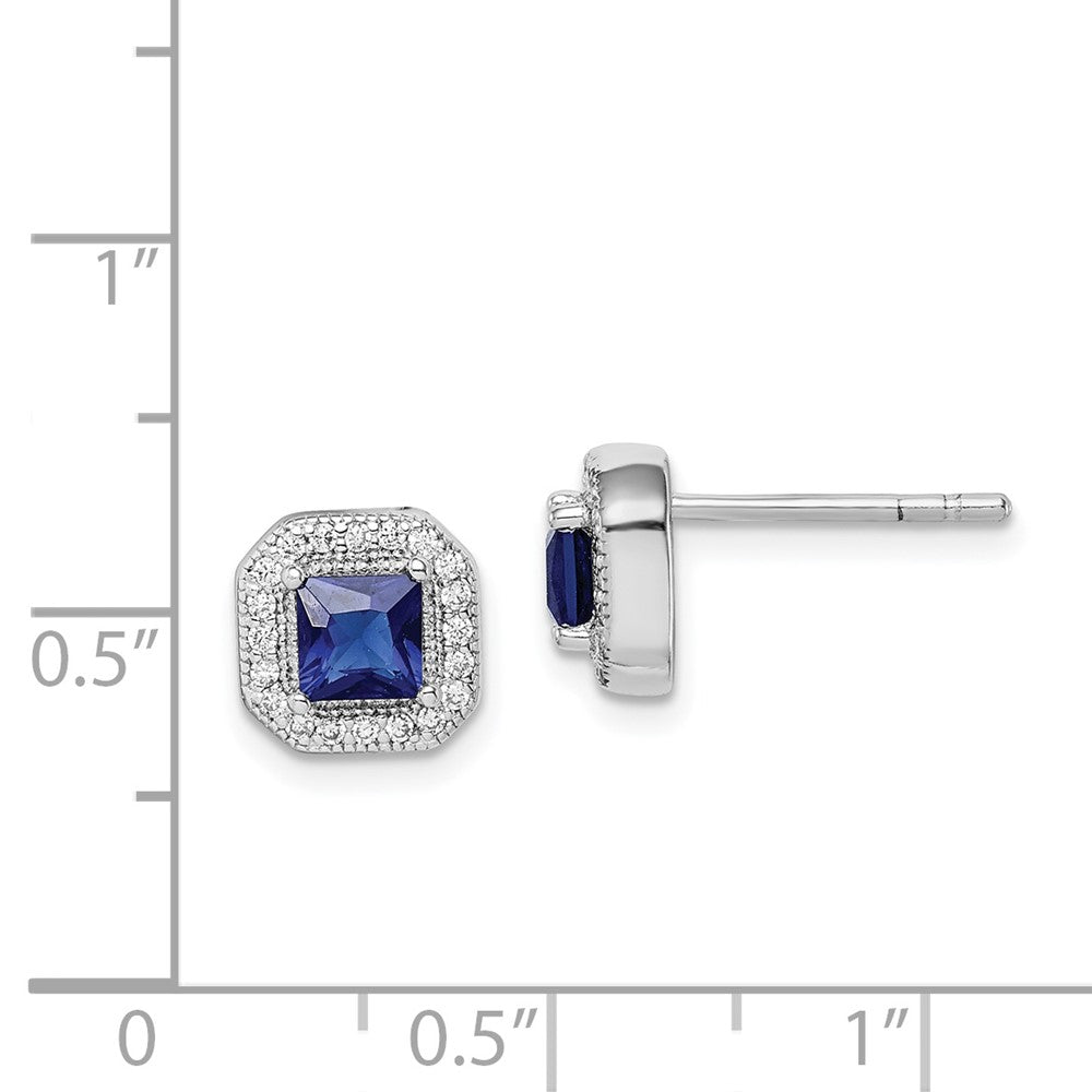 QE14470SEP Sterling Silver Rhodium Plated Square Blue and Clear CZ Post Earrings