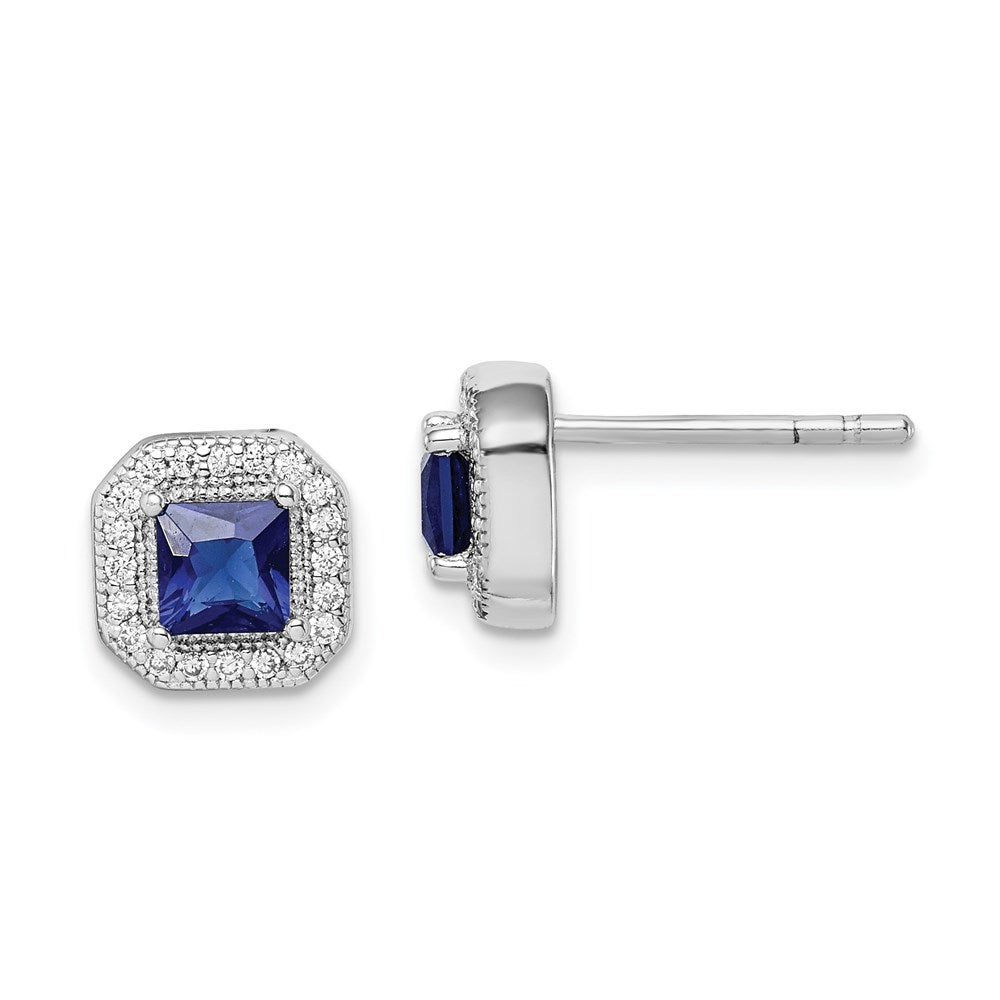 QE14470SEP Sterling Silver Rhodium Plated Square Blue and Clear CZ Post Earrings