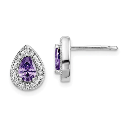 QE14472FEB Sterling Silver Rhod Plated Purple and Clear CZ Earrings