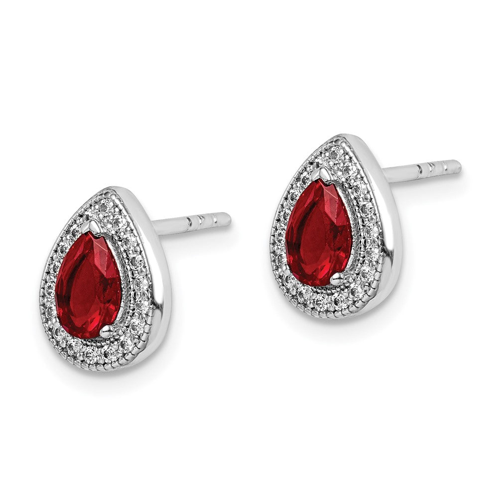QE14472JAN Sterling Silver Rhod Plated Red and Clear CZ Post Earrings