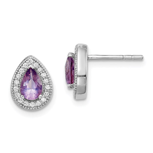 QE14472JUN Sterling Silver Rhodium-Plated Purple and Clear CZ Post Earrings