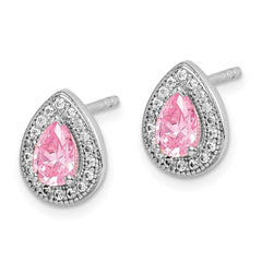 QE14472OCT Sterling Silver Rhodium Plated Pink and Clear CZ Post Earrings