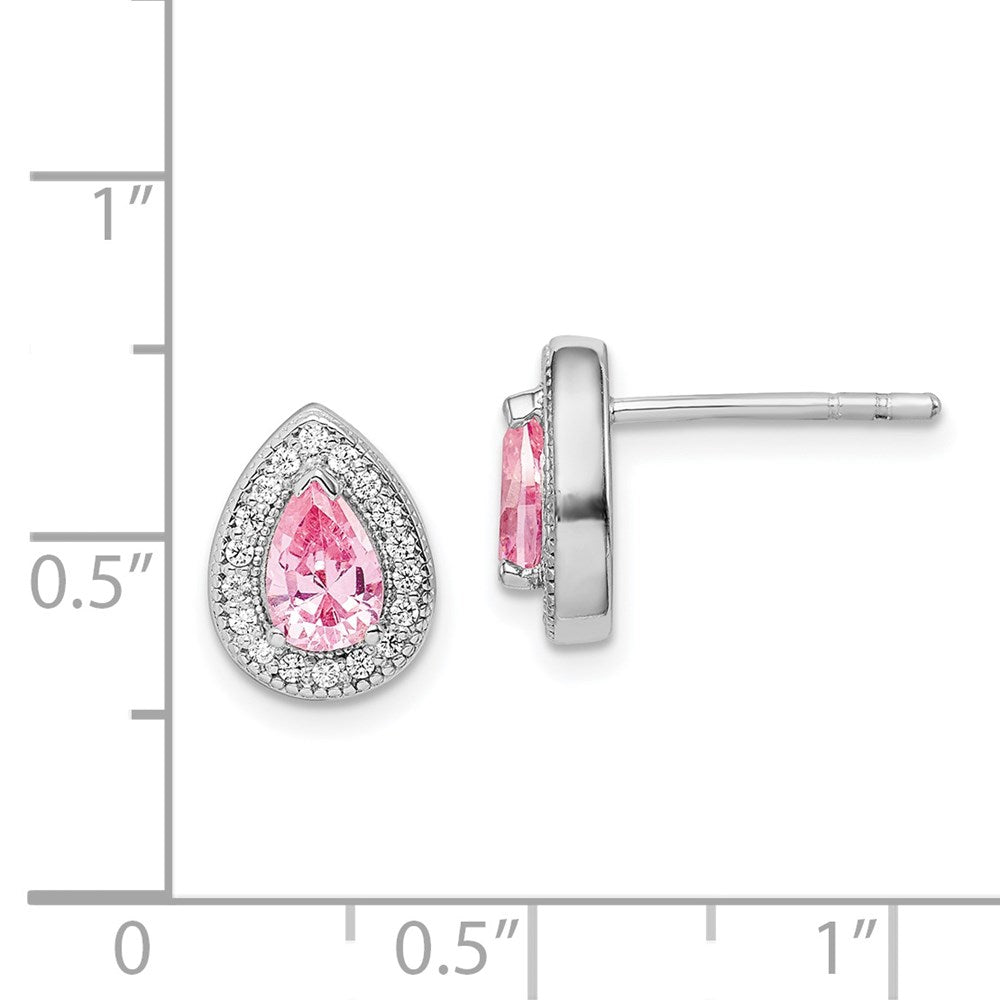 QE14472OCT Sterling Silver Rhodium Plated Pink and Clear CZ Post Earrings