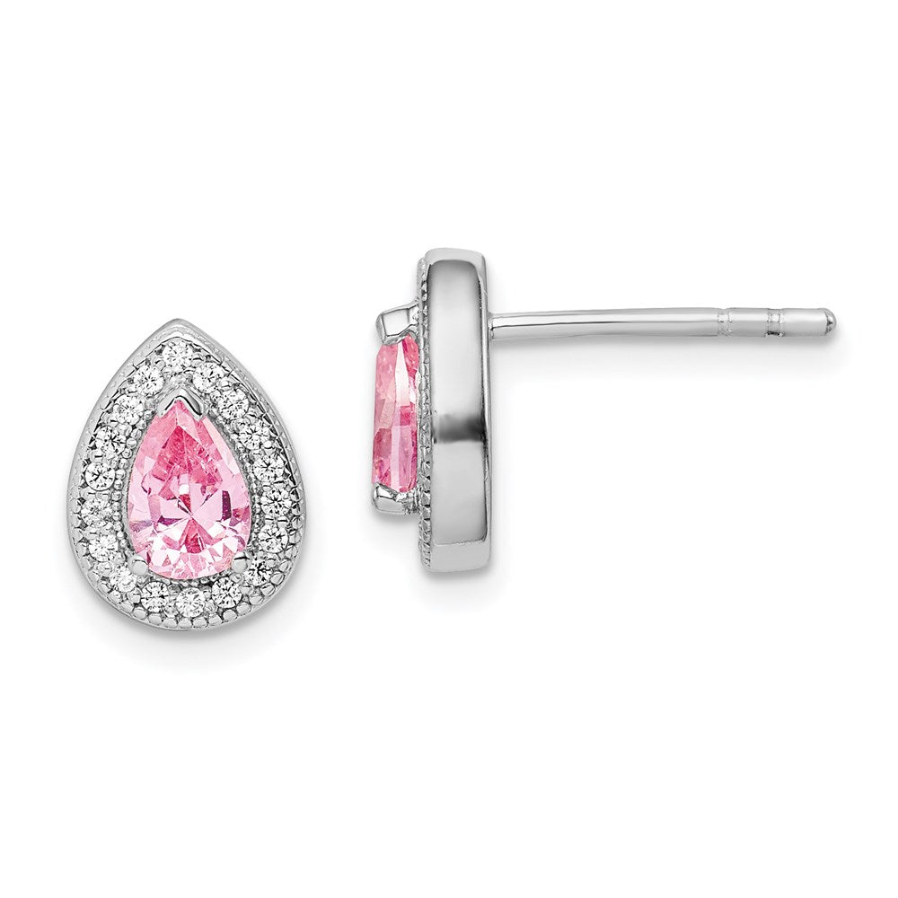 QE14472OCT Sterling Silver Rhodium Plated Pink and Clear CZ Post Earrings