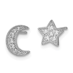 QE14481 Sterling Silver Rhodium-Plated CZ Star and Moon Left/Right Earrings