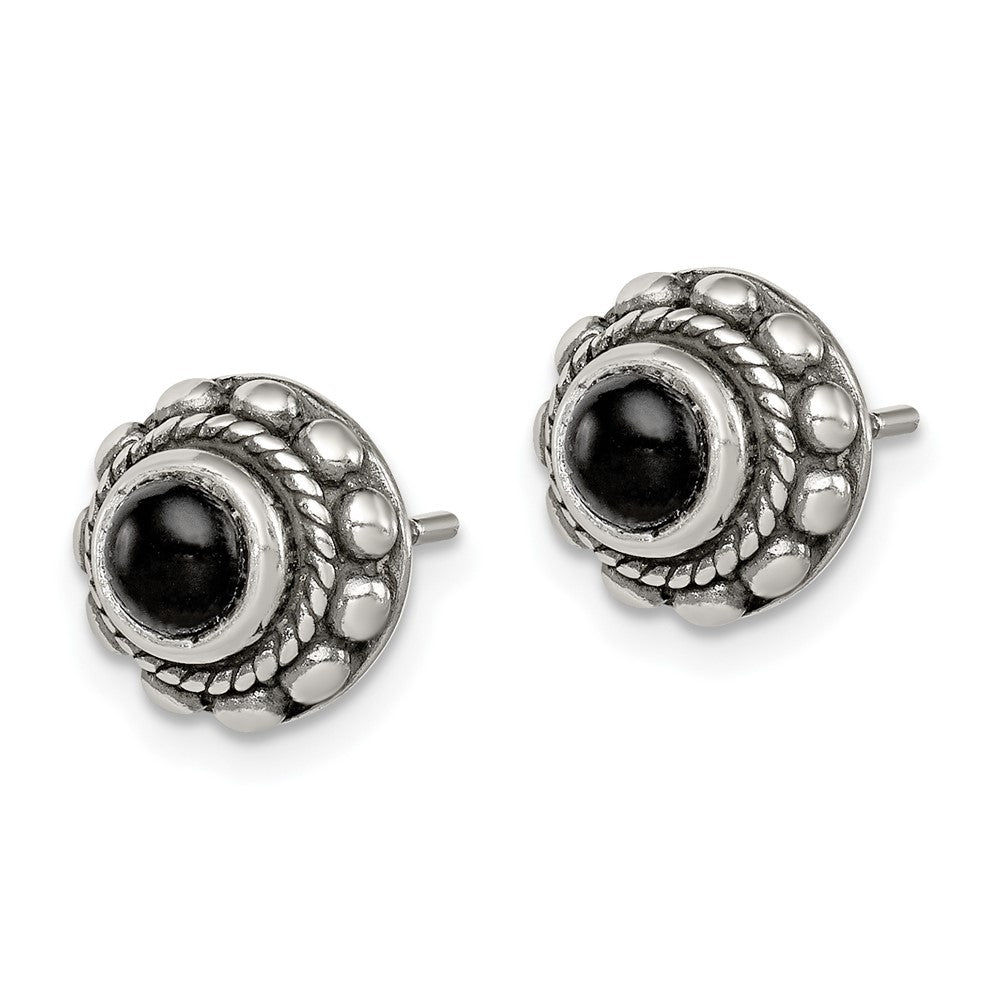 QE1449 Sterling Silver Polished & Antiqued Textured Onyx Round Post Earrings