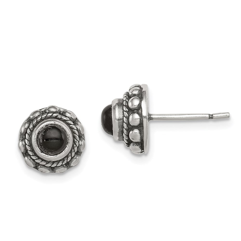 QE1449 Sterling Silver Polished & Antiqued Textured Onyx Round Post Earrings