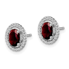 QE14494JAN Sterling Silver Rhodium-plated Garnet Oval Post Earrings