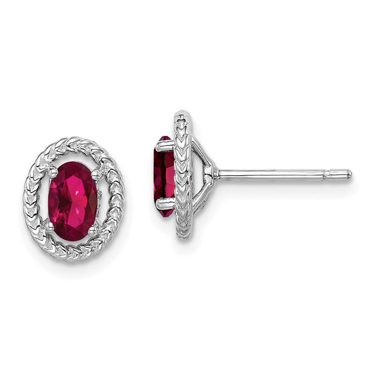 QE14494JUL Sterling Silver Rhod-plat Created Ruby Oval Post Earrings