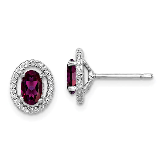 QE14494JUN Sterling Silver Rhod-plat Rhodolite Garnet Oval Post Earrings