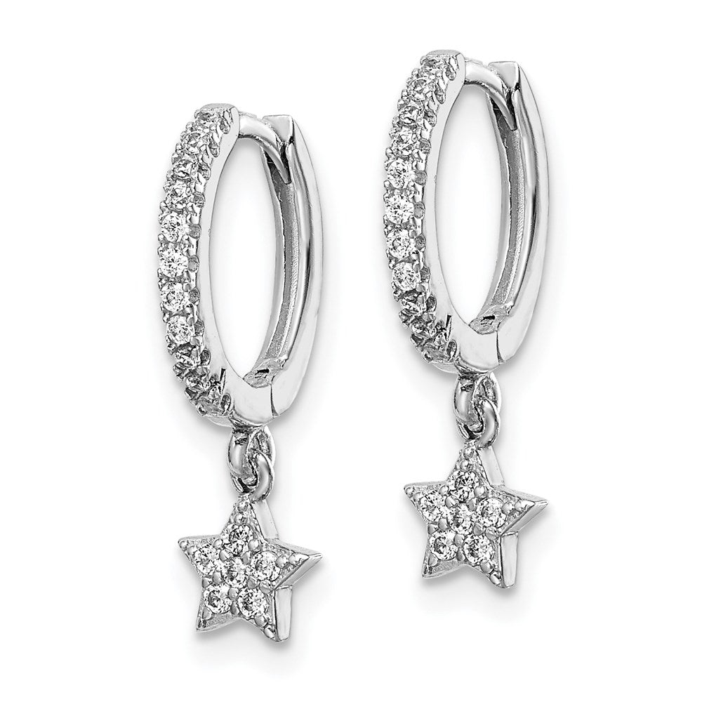 QE14520 Sterling Silver Rhodium-Plated CZ Hoops with Star Dangle Earrings