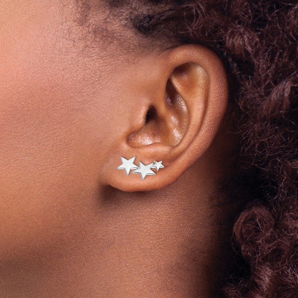 QE14524 Sterling Silver RH-plated Polished Graduating Stars Ear Climber Earrings