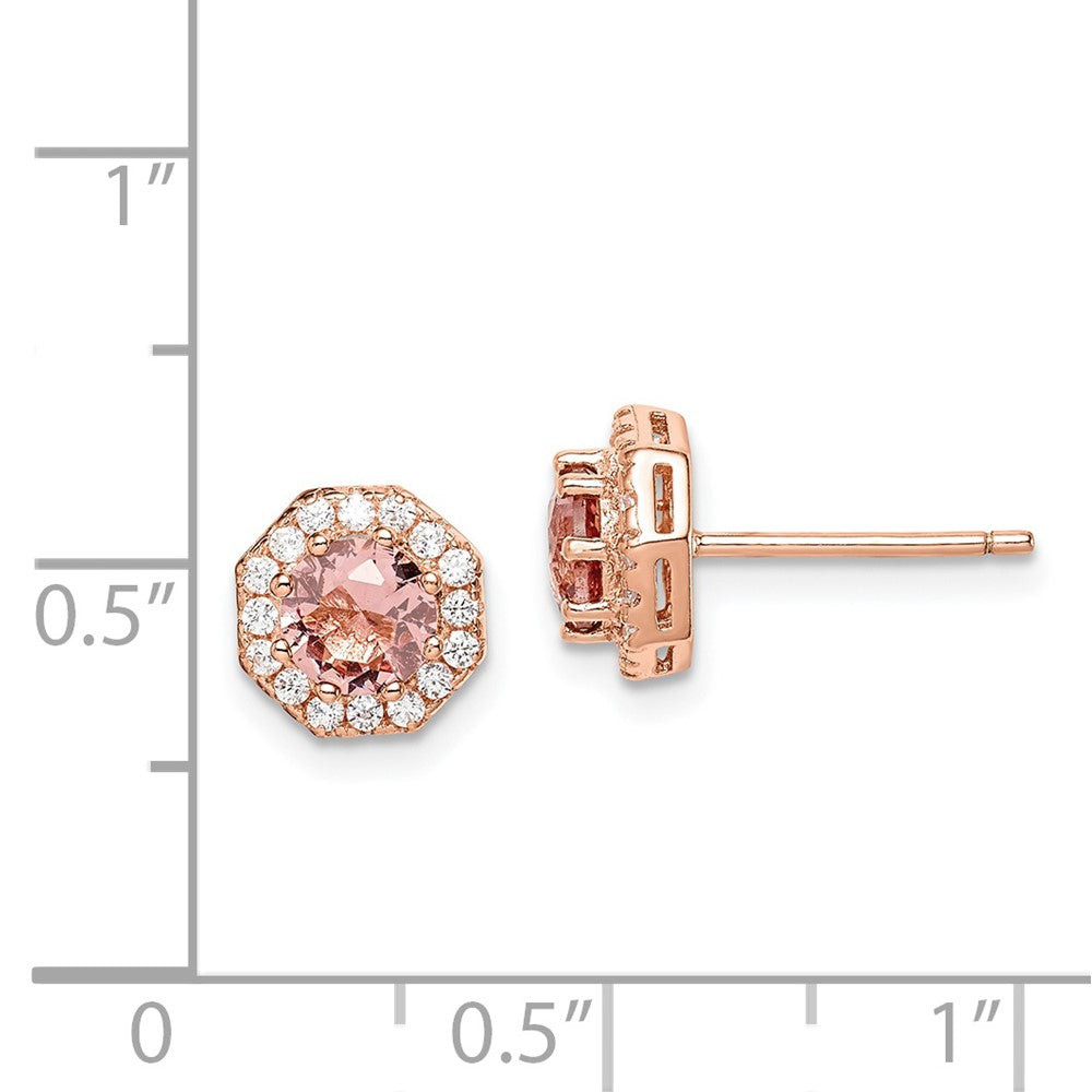 QE14529 Sterling Silver Rose-tone Polished Pink Crystal & CZ Halo Post Earrings