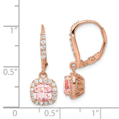 QE14530 Sterling Silver Rose-tone Pink Crystal & CZ Halo Leverback Dangle Earrings