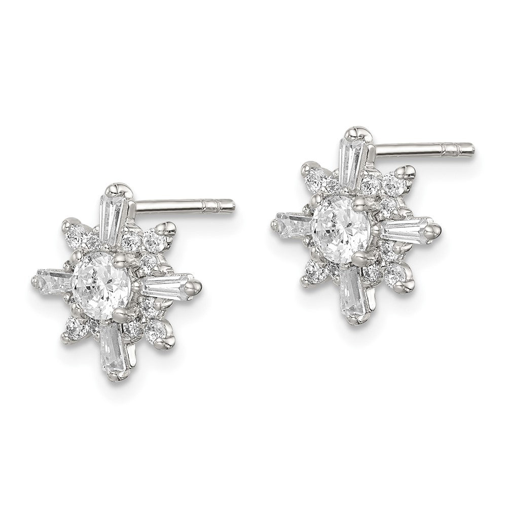 QE14566 Sterling Silver Polished CZ Snowflake Post Earrings