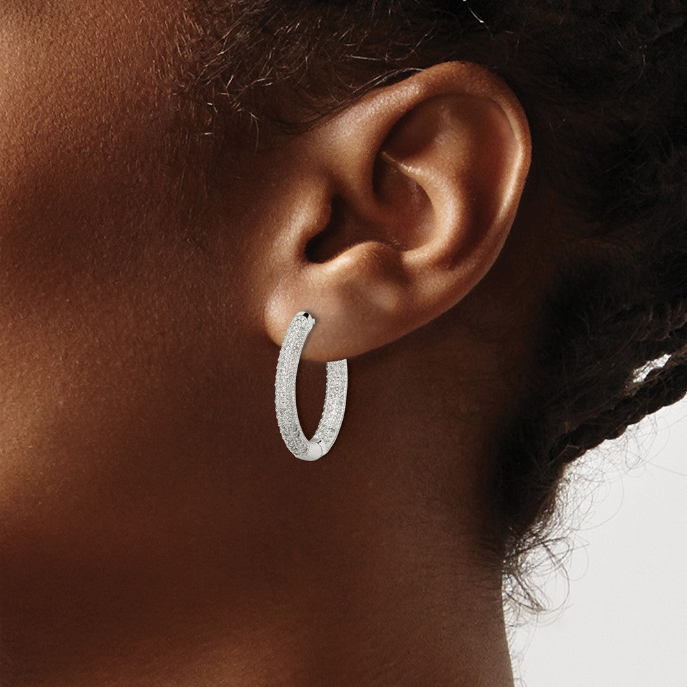 QE14613 Sterling Silver CZ Hinged Hoop Earrings