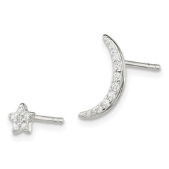 QE14614 Sterling Silver Polished CZ Moon and Star Post Earrings