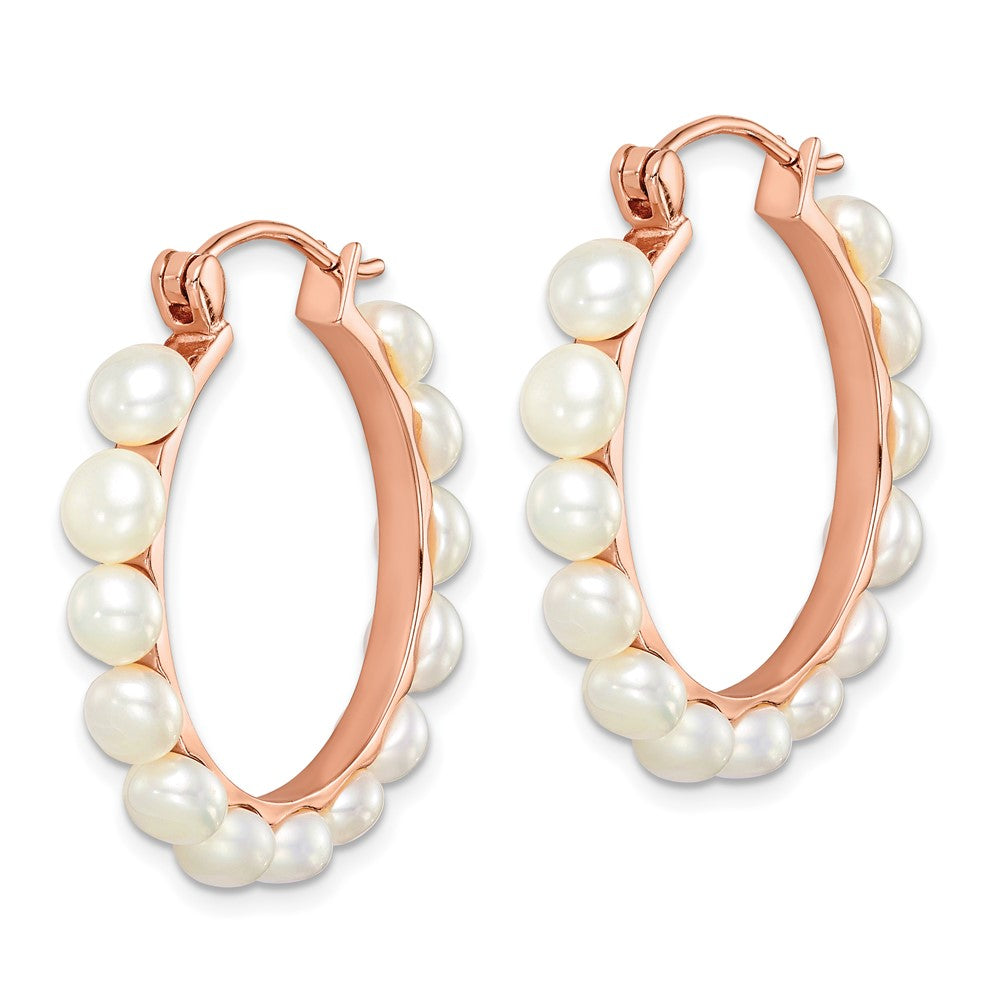 QE14648 Sterling Silver Rose-tone 18k Flash Gold-plated 4-5mm White Button Freshwater Cultured Pearl Hoop Earrings