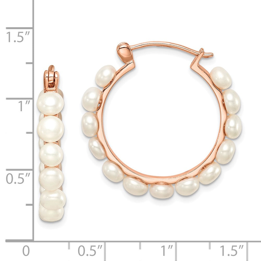 QE14648 Sterling Silver Rose-tone 18k Flash Gold-plated 4-5mm White Button Freshwater Cultured Pearl Hoop Earrings