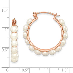 QE14648 Sterling Silver Rose-tone 18k Flash Gold-plated 4-5mm White Button Freshwater Cultured Pearl Hoop Earrings