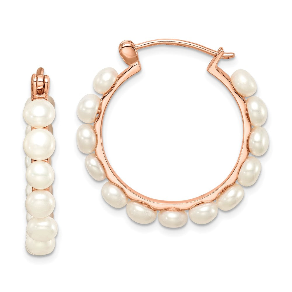 QE14648 Sterling Silver Rose-tone 18k Flash Gold-plated 4-5mm White Button Freshwater Cultured Pearl Hoop Earrings