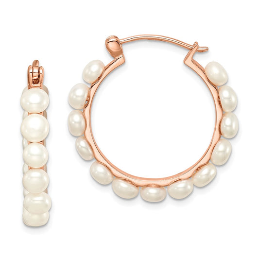 QE14648 Sterling Silver Rose-tone 18k Flash Gold-plated 4-5mm White Button Freshwater Cultured Pearl Hoop Earrings