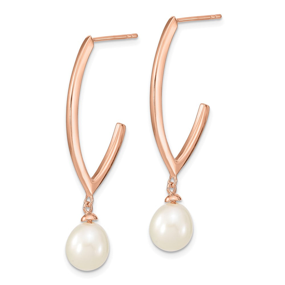 QE14650 Sterling Silver Rose-tone 18k Flash Gold-plated 8-9mm White Rice Freshwater Cultured Pearl Post Dangle Earrings