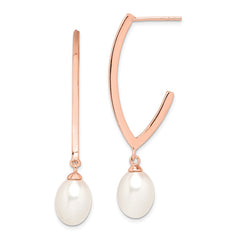 QE14650 Sterling Silver Rose-tone 18k Flash Gold-plated 8-9mm White Rice Freshwater Cultured Pearl Post Dangle Earrings
