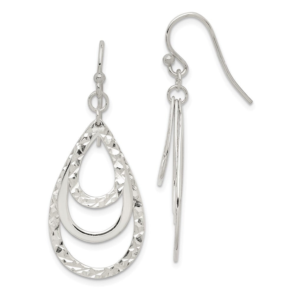 QE14666 Sterling Silver Polished & Diamond-cut Triple Teardrop Dangle Earrings
