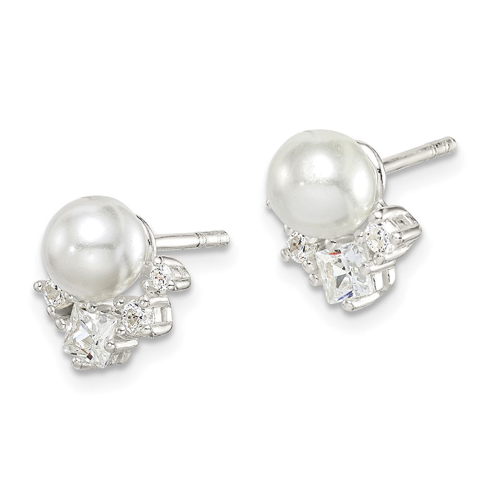 QE14715 Sterling Silver CZ and Glass Pearl Post Earrings