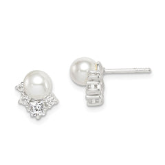 QE14715 Sterling Silver CZ and Glass Pearl Post Earrings
