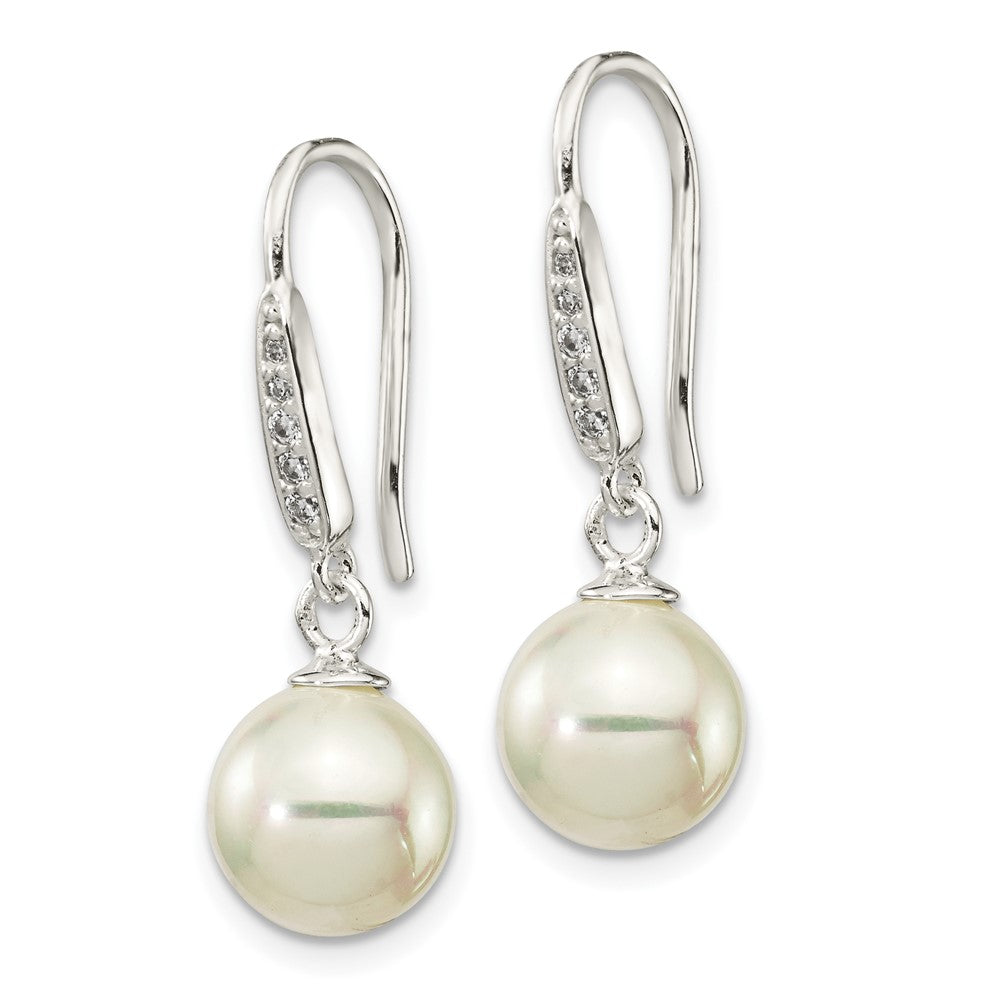 QE14776 Sterling Silver Rhodium-plated Polished White 7-8mm Shell Pearl & CZ Dangle Earrings