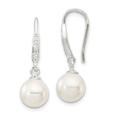 QE14776 Sterling Silver Rhodium-plated Polished White 7-8mm Shell Pearl & CZ Dangle Earrings