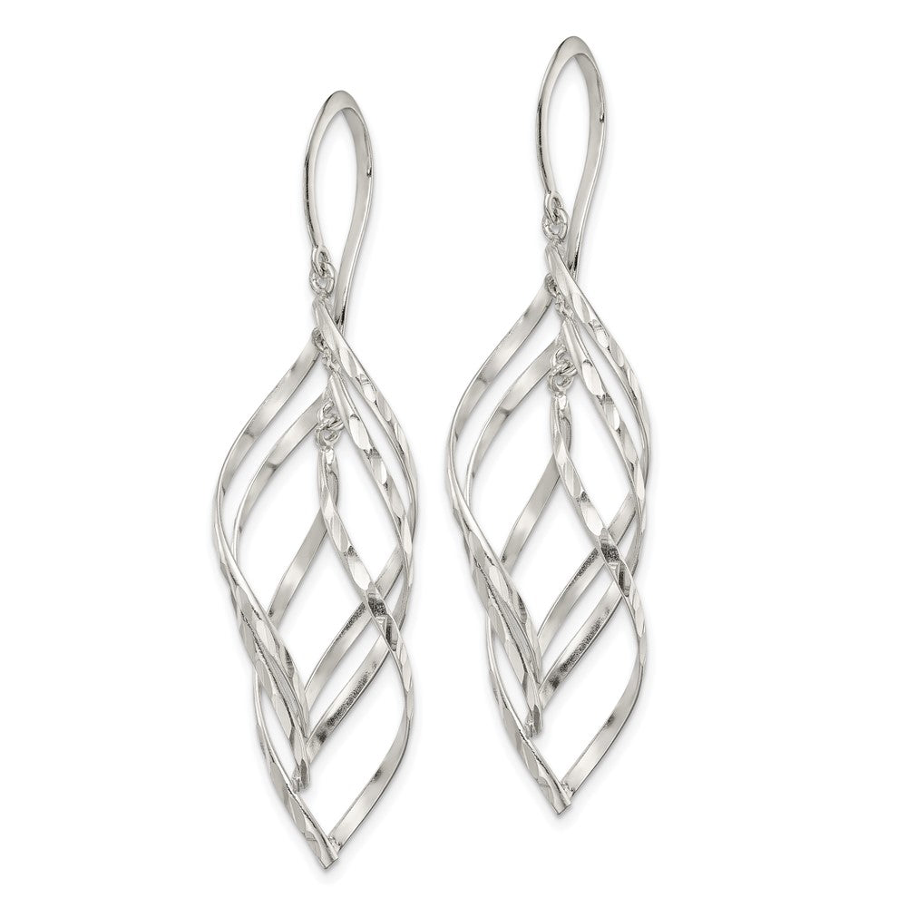 QE14807 Sterling Silver Fancy Polished & Diamond-cut Twisted Dangle Earrings