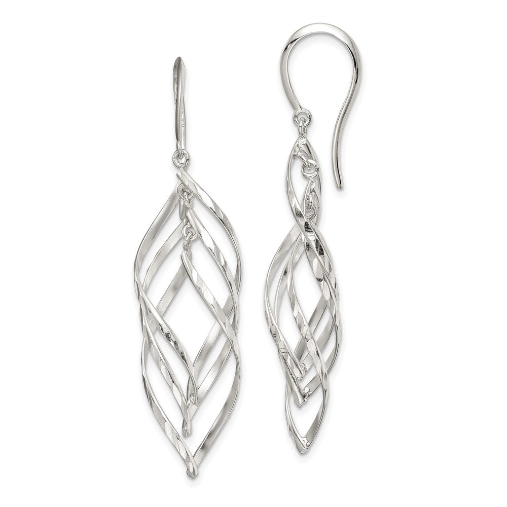 QE14807 Sterling Silver Fancy Polished & Diamond-cut Twisted Dangle Earrings