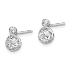 QE14818 Sterling Silver RH-plated Polished & Beaded Double CZ Circle Post Earrings