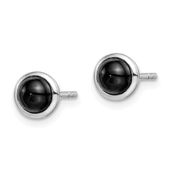 QE14825 Sterling Silver Rhodium-plated Polished Onyx Round Bezel Stud Earrings