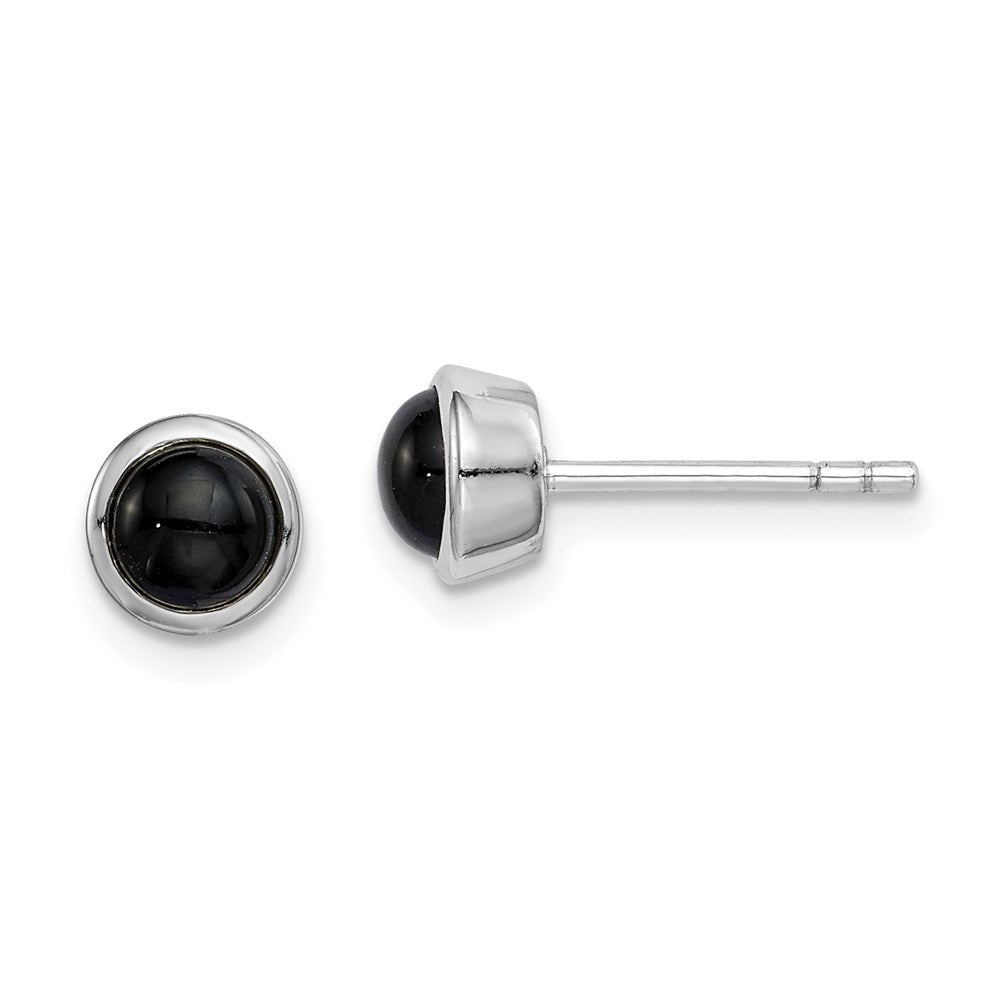 QE14825 Sterling Silver Rhodium-plated Polished Onyx Round Bezel Stud Earrings