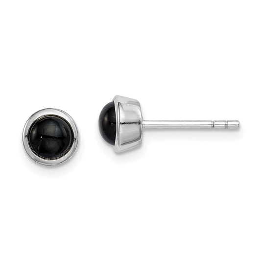 QE14825 Sterling Silver Rhodium-plated Polished Onyx Round Bezel Stud Earrings