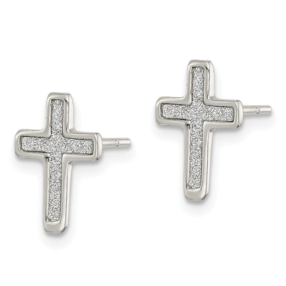 QE14849 Sterling Silver Polished Glitter Infused Latin Cross Post Earrings