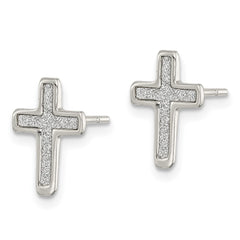 QE14849 Sterling Silver Polished Glitter Infused Latin Cross Post Earrings