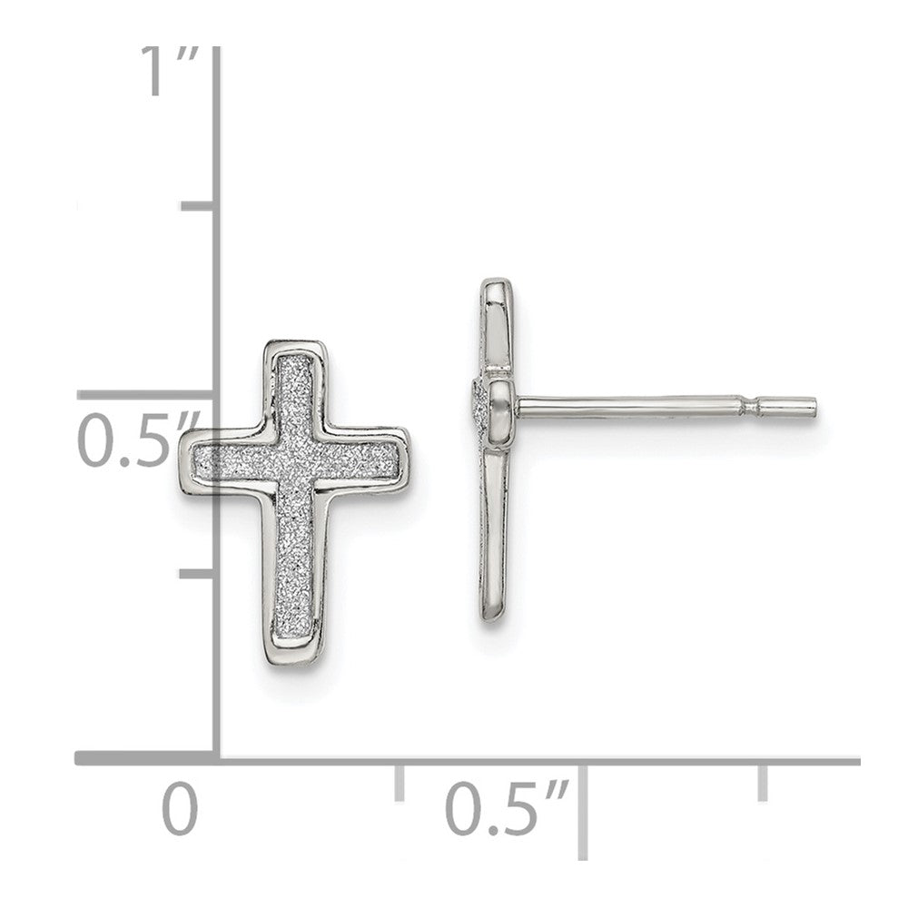 QE14849 Sterling Silver Polished Glitter Infused Latin Cross Post Earrings